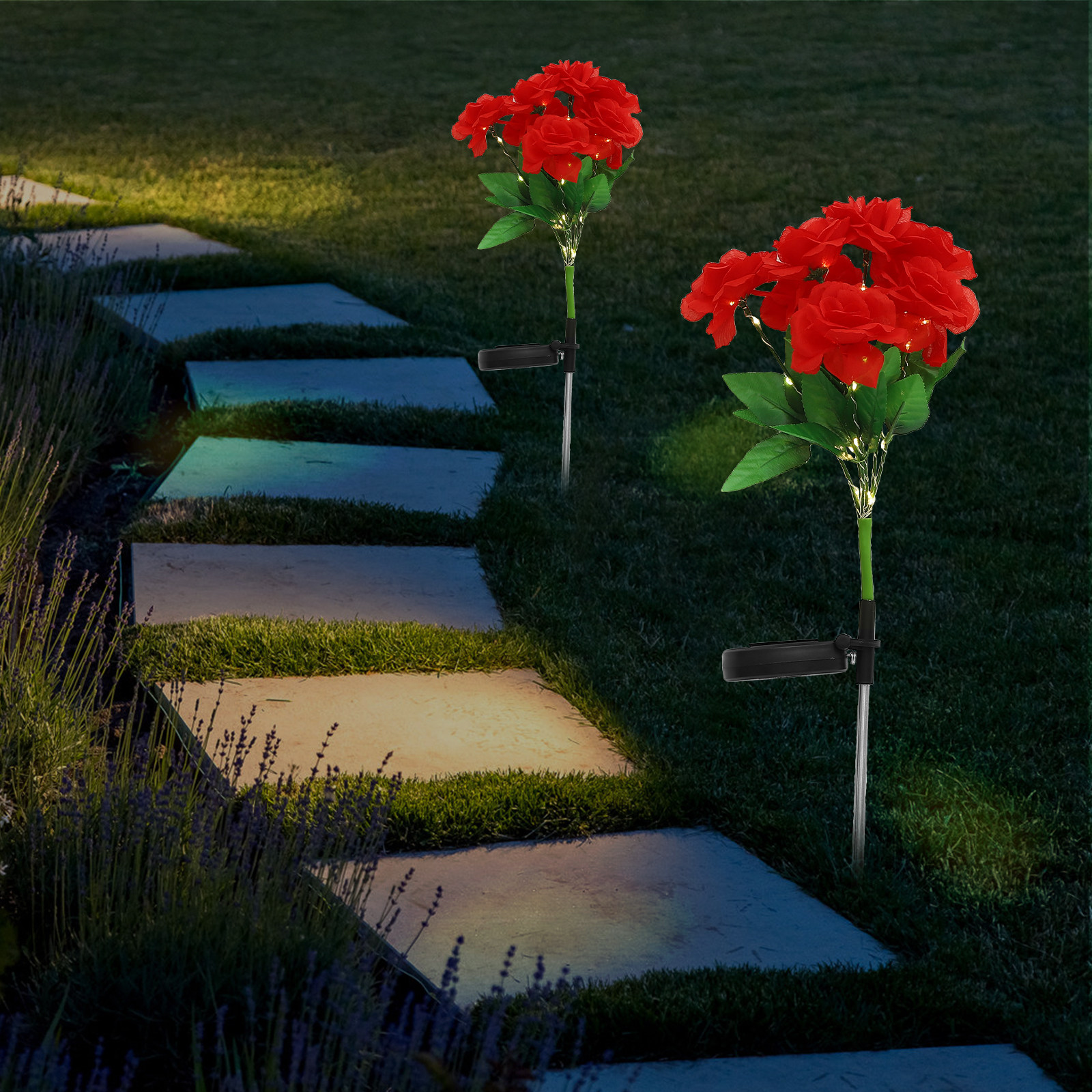 Outdoor Lighting Yard Stakes - Solar Powered 7-Head Rose Flower Stake