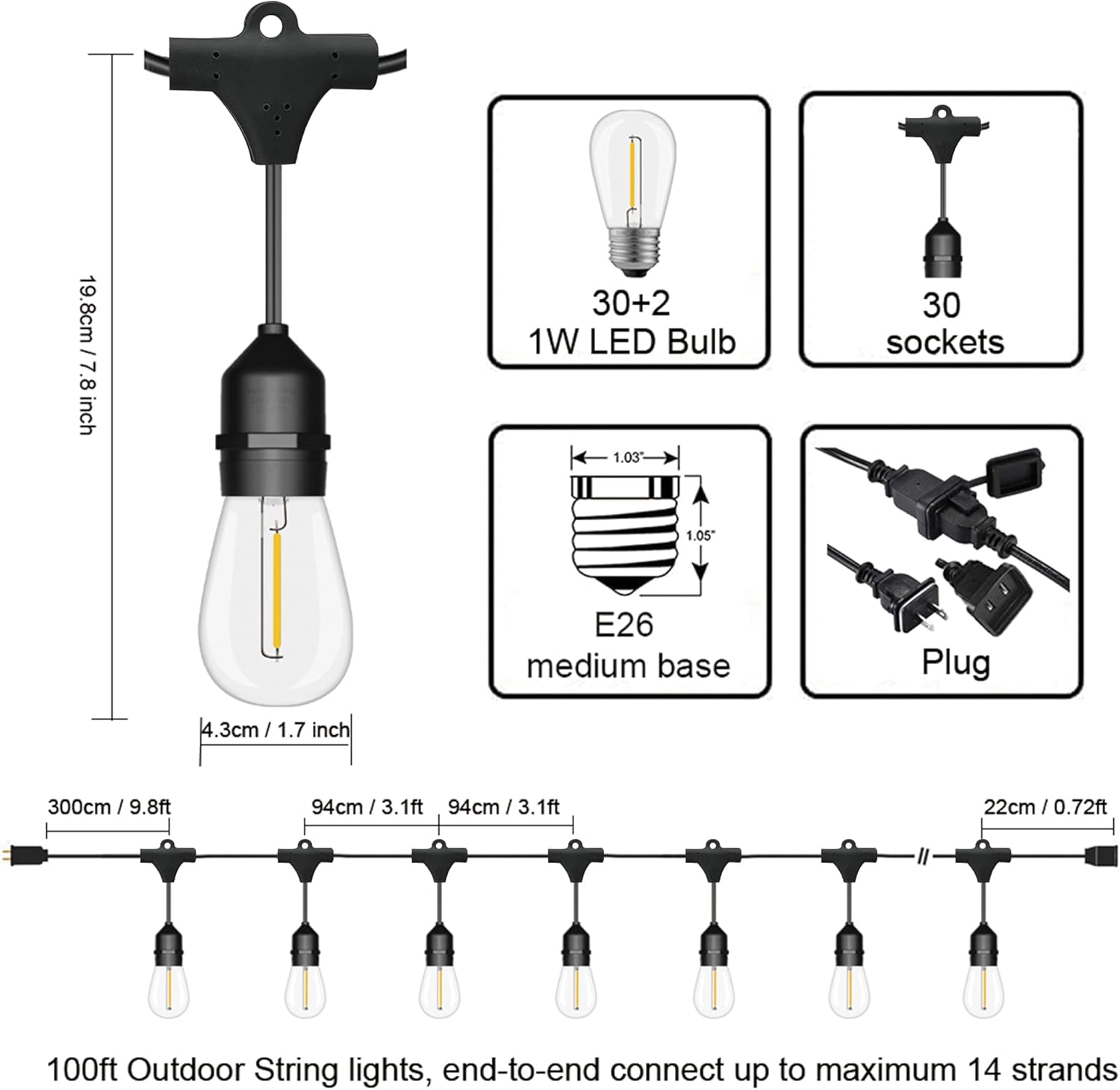 100FT Outdoor String Lights, 3 - Outdoor Lighting Socket avis et prix